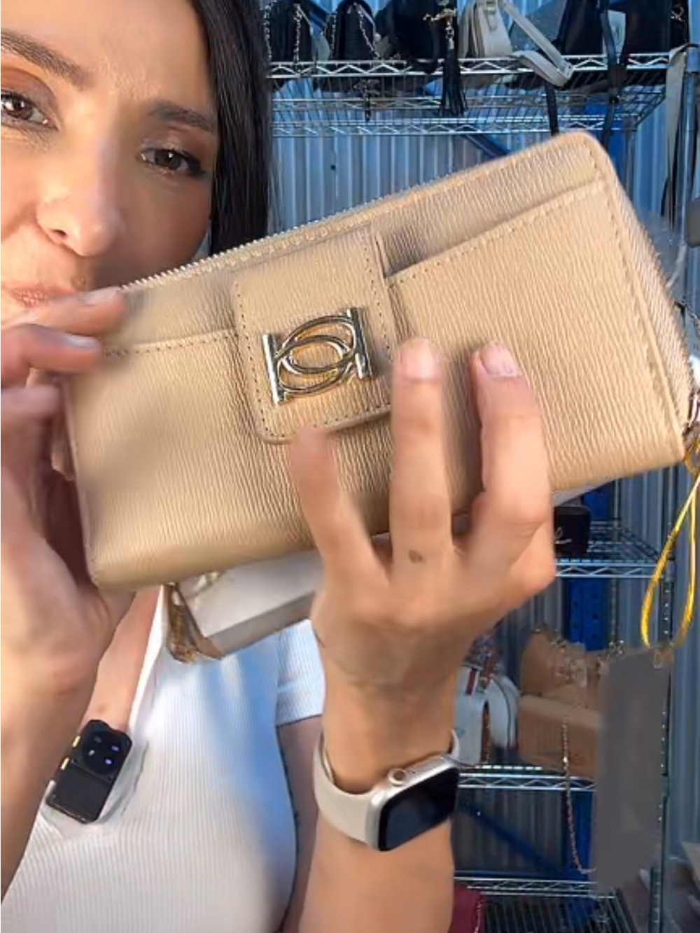 bebe Beige Zip-Around Leather Wallet with Gold Logo Accent